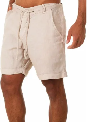 Men's Casual Cotton Linen Shorts Lanyard Casual Shorts Classic-Fit Stretch Golf Shorts Beach Summer Shorts