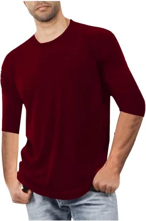 Men's Casual T-Shirts 3/4 Sleeve Crew Neck Athletic Gym Tees Stretch Slim Solid Baggy Sport Fitness Workout Shirts