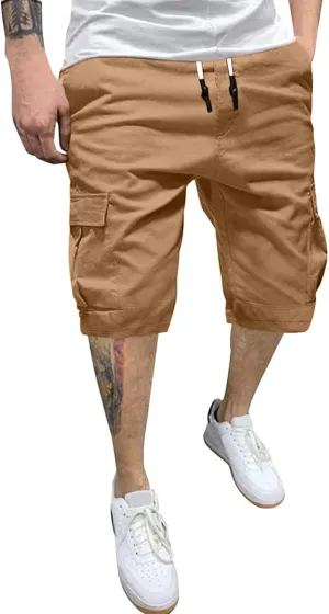Mens Casual Twill Cargo Shorts Cotton Drawstring Classic Cargo Stretch Short with 6 Pockets Drawstring Shorts Cargo Shorts