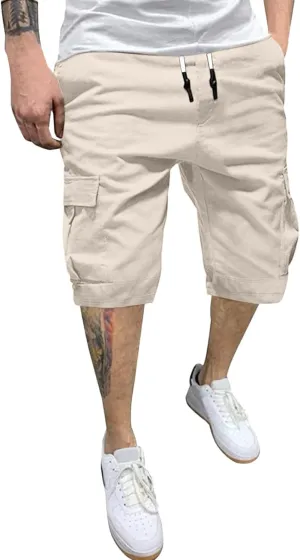 Mens Casual Twill Cargo Shorts Cotton Drawstring Classic Cargo Stretch Short with 6 Pockets Drawstring Shorts Cargo Shorts