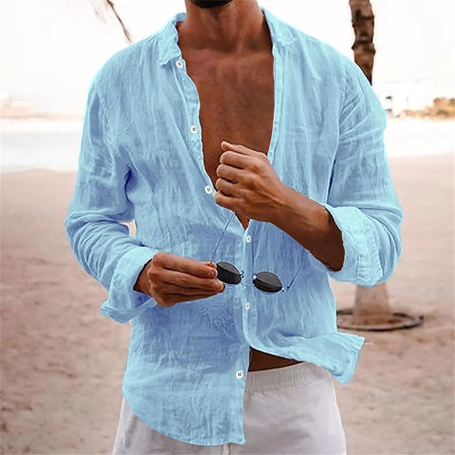 Men's Cotton Linen Long Sleeve Shirt V Neck Casual Button Down Blouse Solid Color Loose Tops Comfy Lightweight Tee