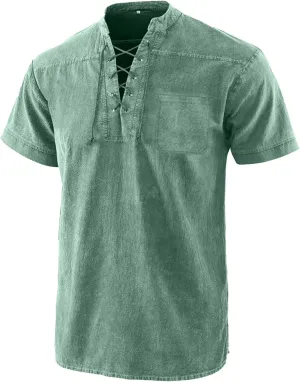 Men's Cotton Linen T-Shirts Short Sleeve V Neck Lace Up Henley Shirts Retro Notch Neck Pullover Shirt Sport Undershirt