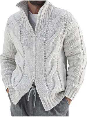 Men's Double-Zip Stand Collar Cardigan Sweaters Vintage Slim Fit Cable Knitted Sweater Cardigans Thick Warm Sweaters