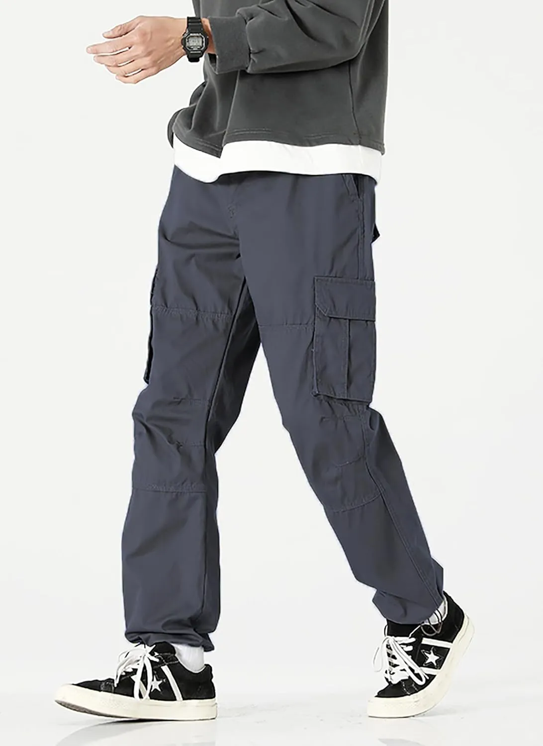 Men's Elastic Waist Cargo Pants Casual Relaxed Fit Pants Tactical Hiking Pants Lightweight Multi Pockets