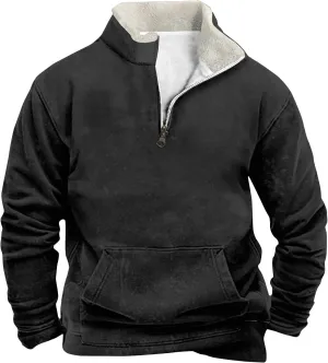 Men's Gifts Ideas Retro Quarter Zip Patchwork Sweatshirts Long Sleeve Pullover With Fleece Collar Sweater, M-5XL
