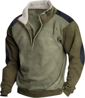 Men's Gifts Ideas Retro Quarter Zip Patchwork Sweatshirts Long Sleeve Pullover With Fleece Collar Sweater, M-5XL