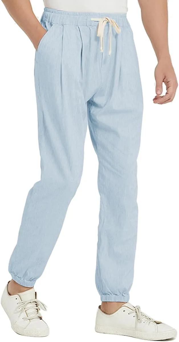 Men’s Linen Relaxed Jogger Pants - Lightweight Business Casual Drawstring Pants Elastic Waist & Pockets