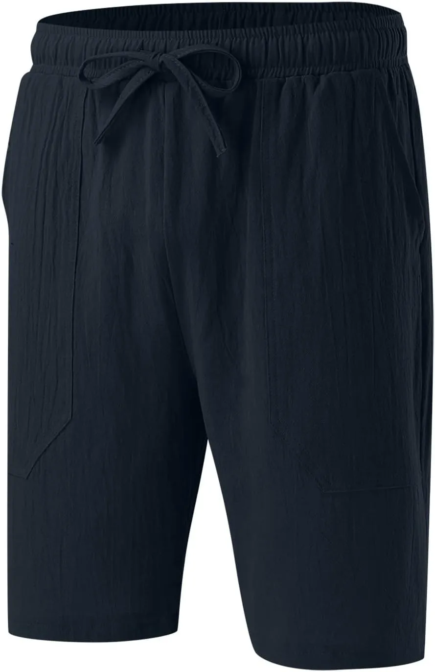 Men's Linen Shorts Casual Summer Beach Shorts Elastic Waist Drawstring Vacation Shorts with Pockets