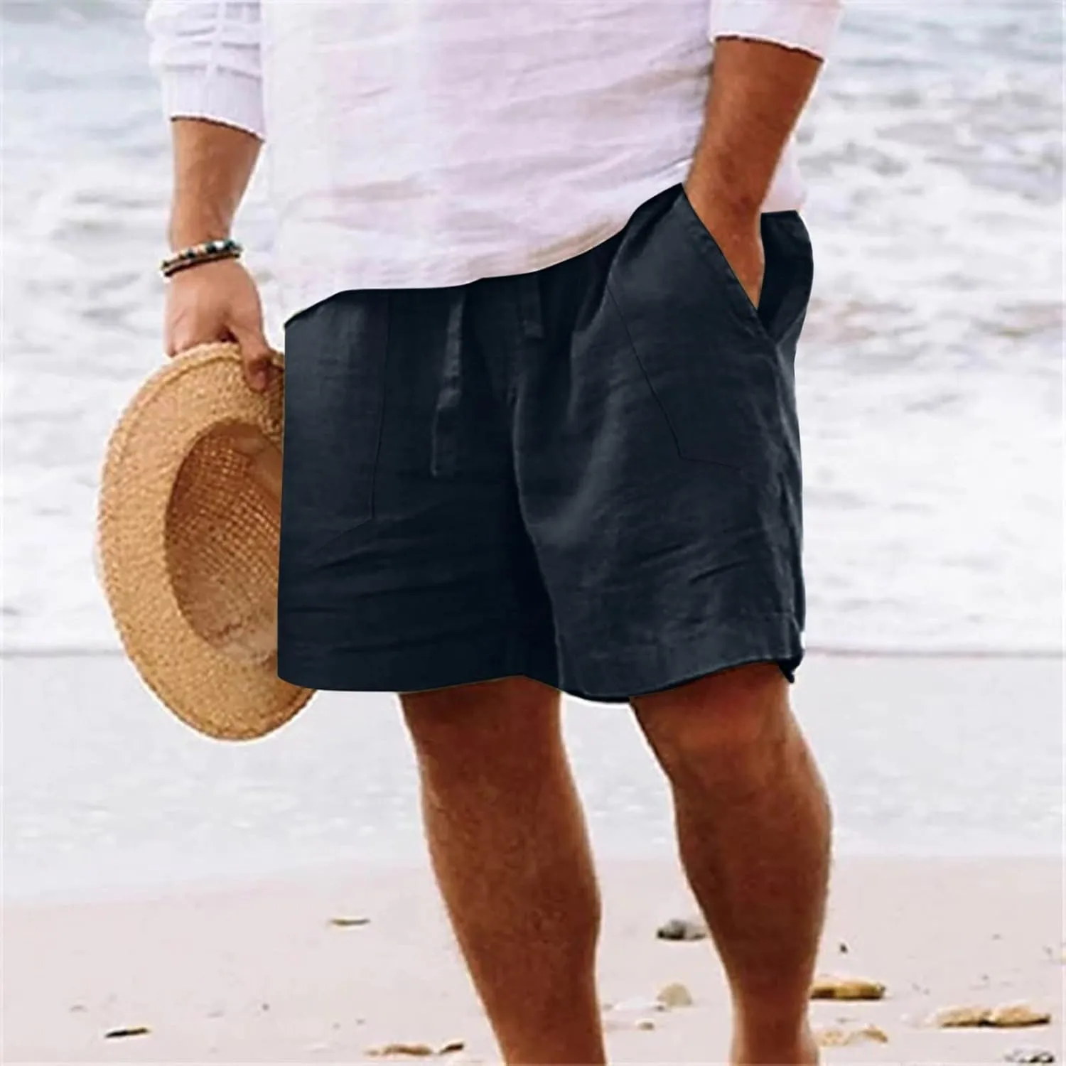 Men's Linen Shorts Casual Summer Beach Shorts Elastic Waist Drawstring Vacation Shorts with Pockets