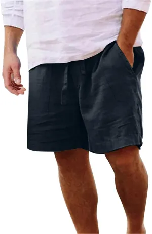Men's Linen Shorts Casual Summer Beach Shorts Elastic Waist Drawstring Vacation Shorts with Pockets