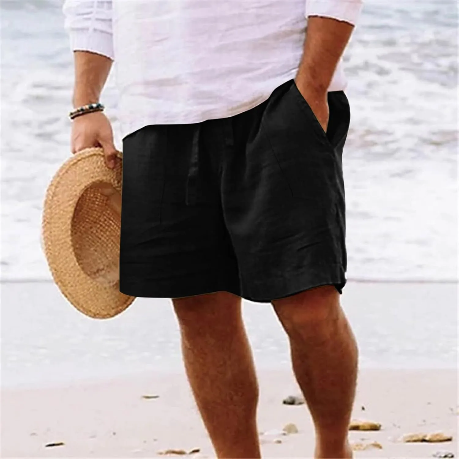 Men's Linen Shorts Casual Summer Beach Shorts Elastic Waist Drawstring Vacation Shorts with Pockets