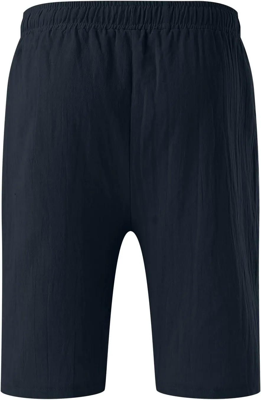 Men's Linen Shorts Casual Summer Beach Shorts Elastic Waist Drawstring Vacation Shorts with Pockets