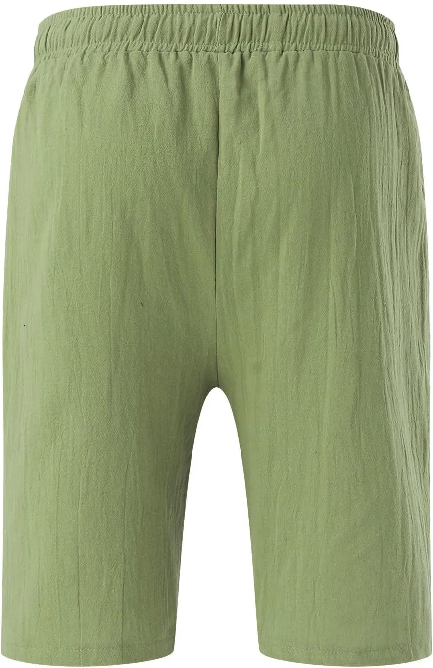 Men's Linen Shorts Casual Summer Beach Shorts Elastic Waist Drawstring Vacation Shorts with Pockets