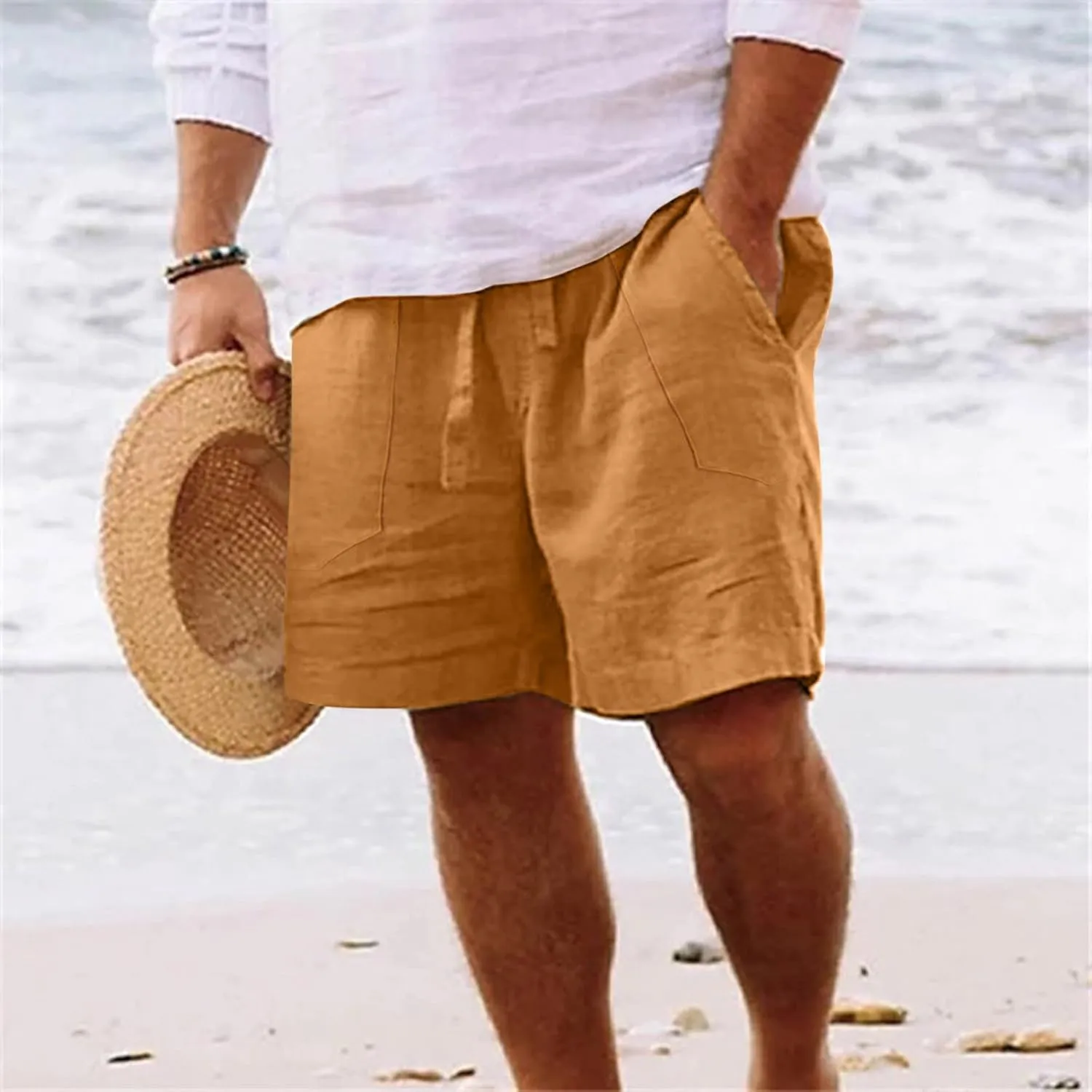 Men's Linen Shorts Casual Summer Beach Shorts Elastic Waist Drawstring Vacation Shorts with Pockets