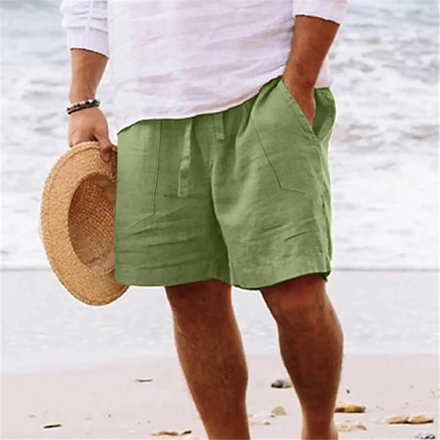 Men's Linen Shorts Casual Summer Beach Shorts Elastic Waist Drawstring Vacation Shorts with Pockets