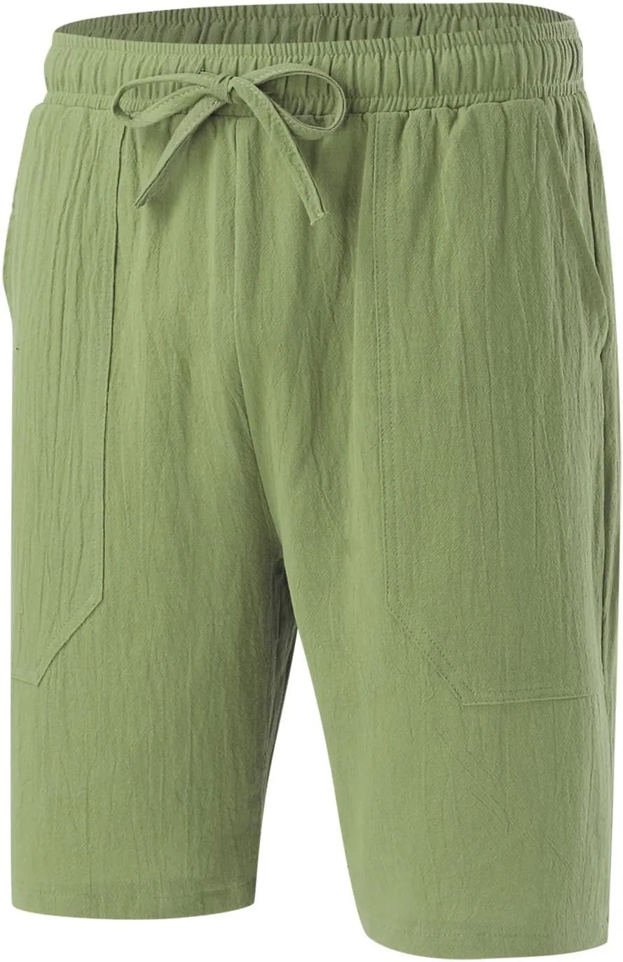 Men's Linen Shorts Casual Summer Beach Shorts Elastic Waist Drawstring Vacation Shorts with Pockets