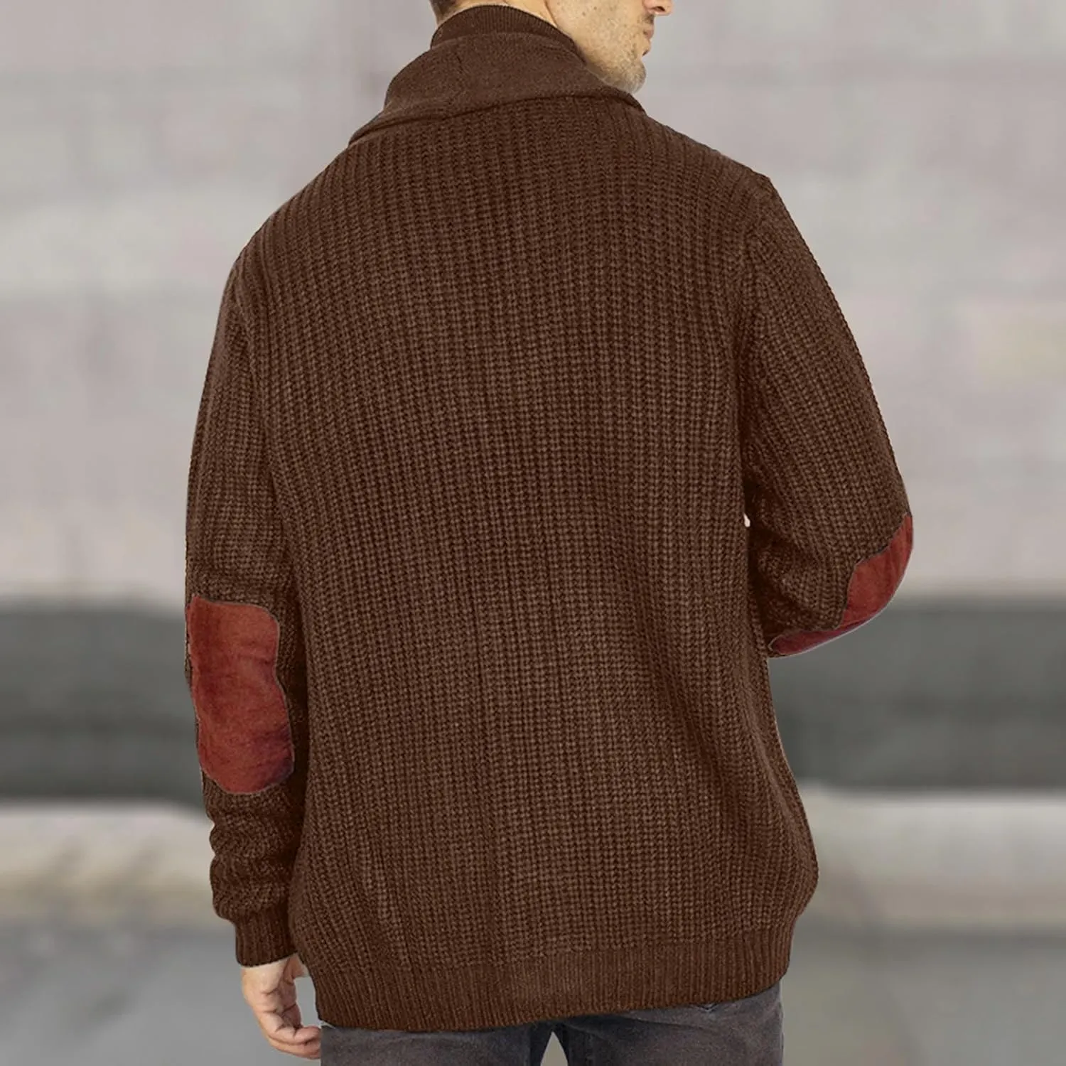Mens Long Sleeve Lapel Collar Cardigan Sweaters Button Down Cable Knitted Sweater Casual Suede Patchwork Sweater Coat