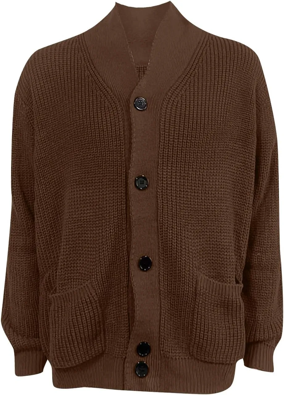Mens Long Sleeve Lapel Collar Cardigan Sweaters Button Down Cable Knitted Sweater Casual Suede Patchwork Sweater Coat
