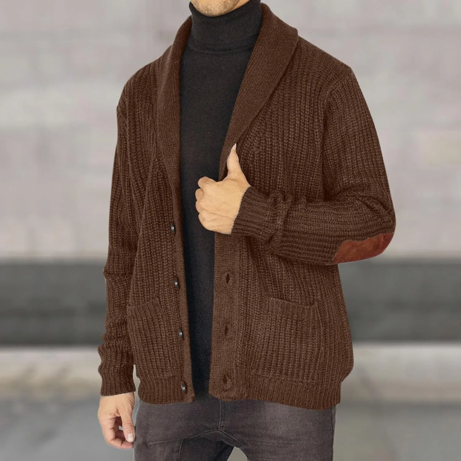 Mens Long Sleeve Lapel Collar Cardigan Sweaters Button Down Cable Knitted Sweater Casual Suede Patchwork Sweater Coat