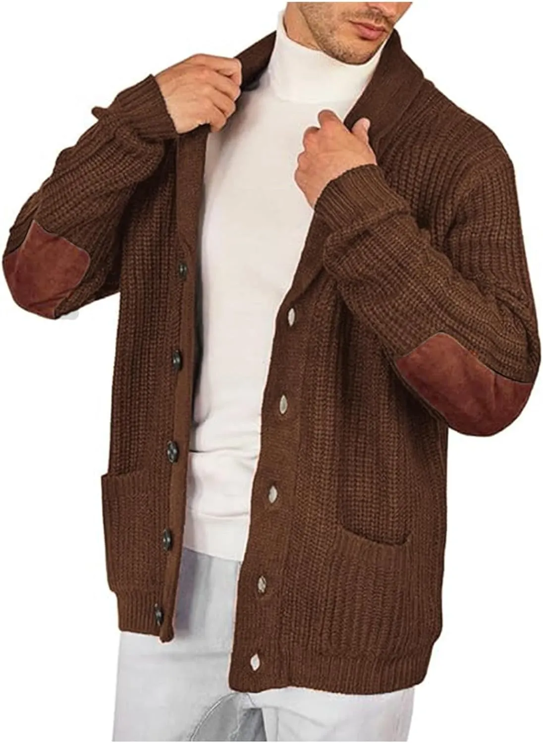 Mens Long Sleeve Lapel Collar Cardigan Sweaters Button Down Cable Knitted Sweater Casual Suede Patchwork Sweater Coat