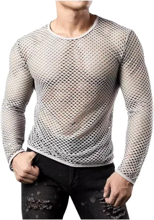 Men's Mesh Fishnet Top Fitted Beach Muscle Tee Shirts Sheer See Through Gym Workout T-Shirt Net Undershirt Clubwear