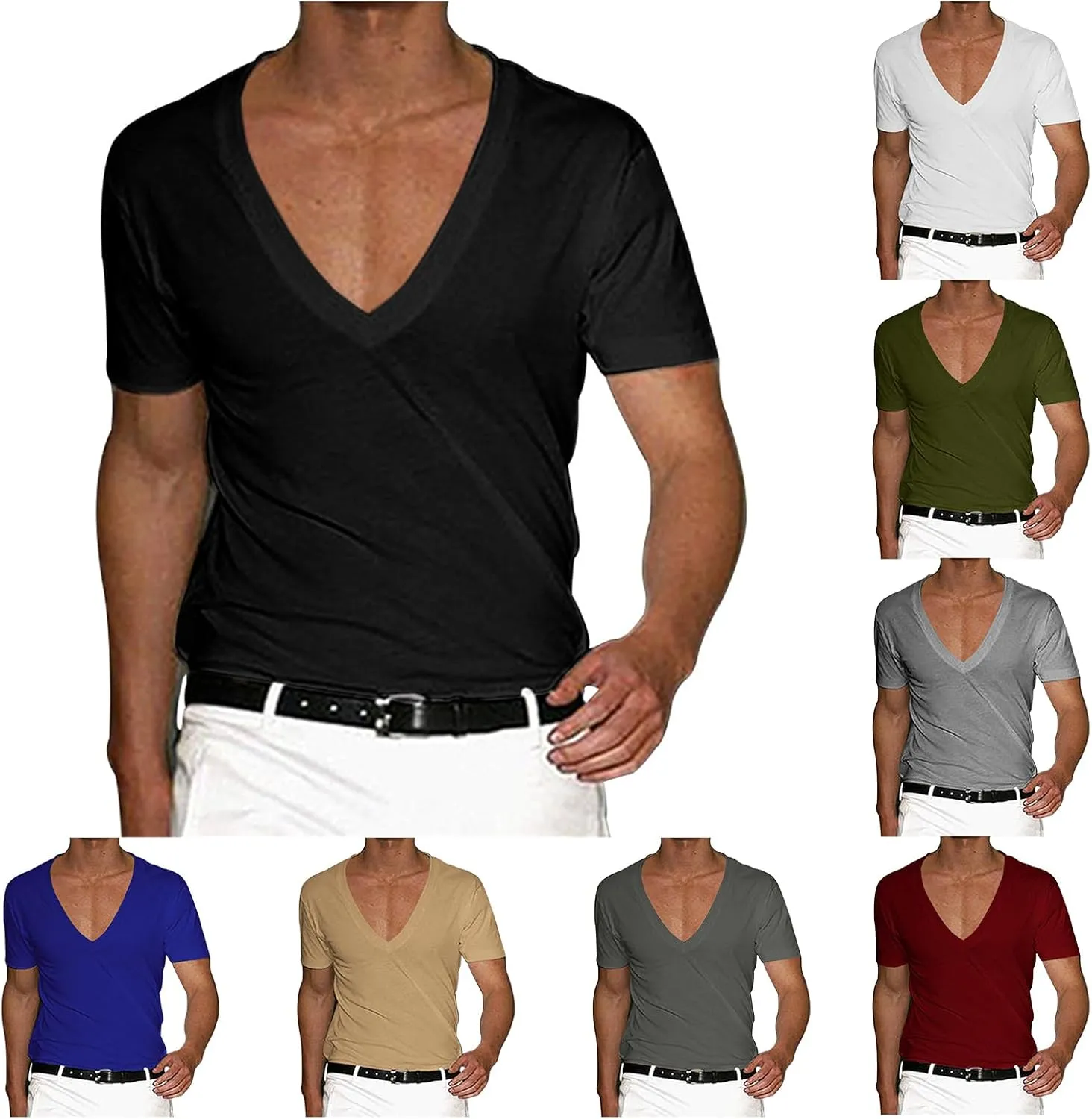 Mens Muscle T-Shirts Deep V Neck T Shirt Short Sleeve Workout T Shirts Gym Athletic Tee Shirts Bodybuilding T-Shirt