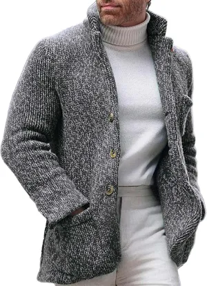 Men's Open Front Lightweight Stand Collar Cardigan Casual Button Down Knit Cardigan Sweaters Wool Blend Jacket Coat
