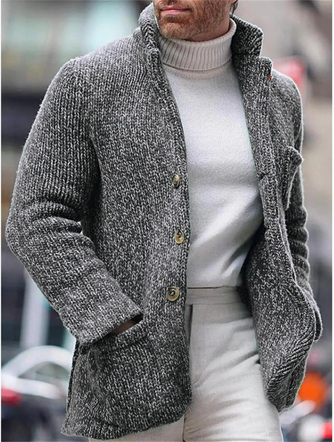 Men's Open Front Lightweight Stand Collar Cardigan Casual Button Down Knit Cardigan Sweaters Wool Blend Jacket Coat