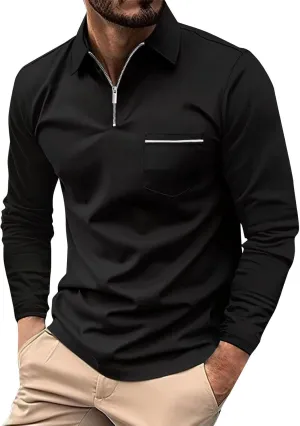 Men's Polo Shirts Zipper Shirts Casual Knit Long Sleeve T Shirt Classic Fit Tops With Pocket Gift, S-3XL
