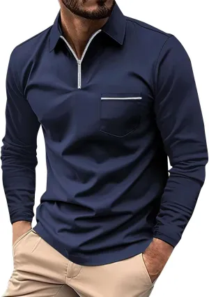 Men's Polo Shirts Zipper Shirts Casual Knit Long Sleeve T Shirt Classic Fit Tops With Pocket Gift, S-3XL
