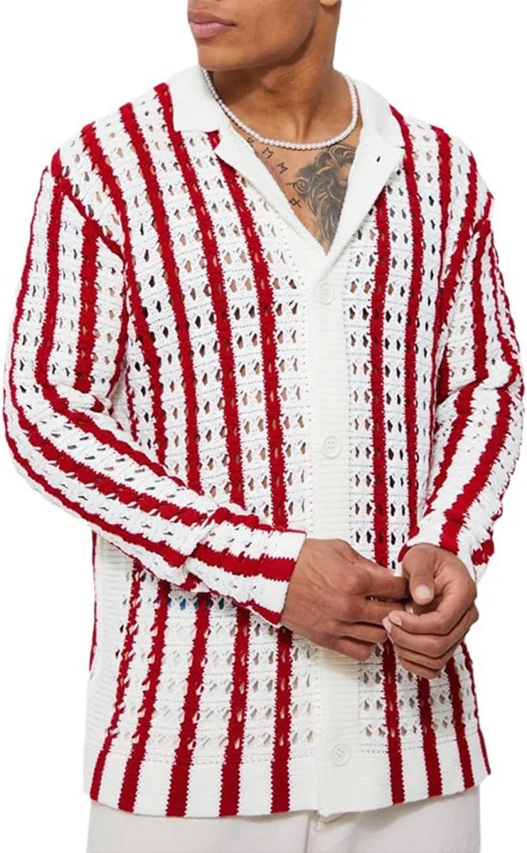 Mens Shawl Cardigan Lapel Casual Button Down Long Sleeve Wool Blend Knit Jacquard Sweaters