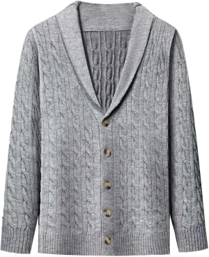 Mens Shawl Collar Cardigan Sweaters Cable Knit Textured Sweater Lightweight Button Down Cardigans