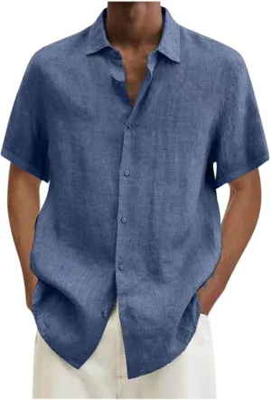 Mens Shirts Casual Stylish Summer Button Up Short Sleeve Cotton Linen Shirt Regular-Fit Solid Vacation Beach Tee Top