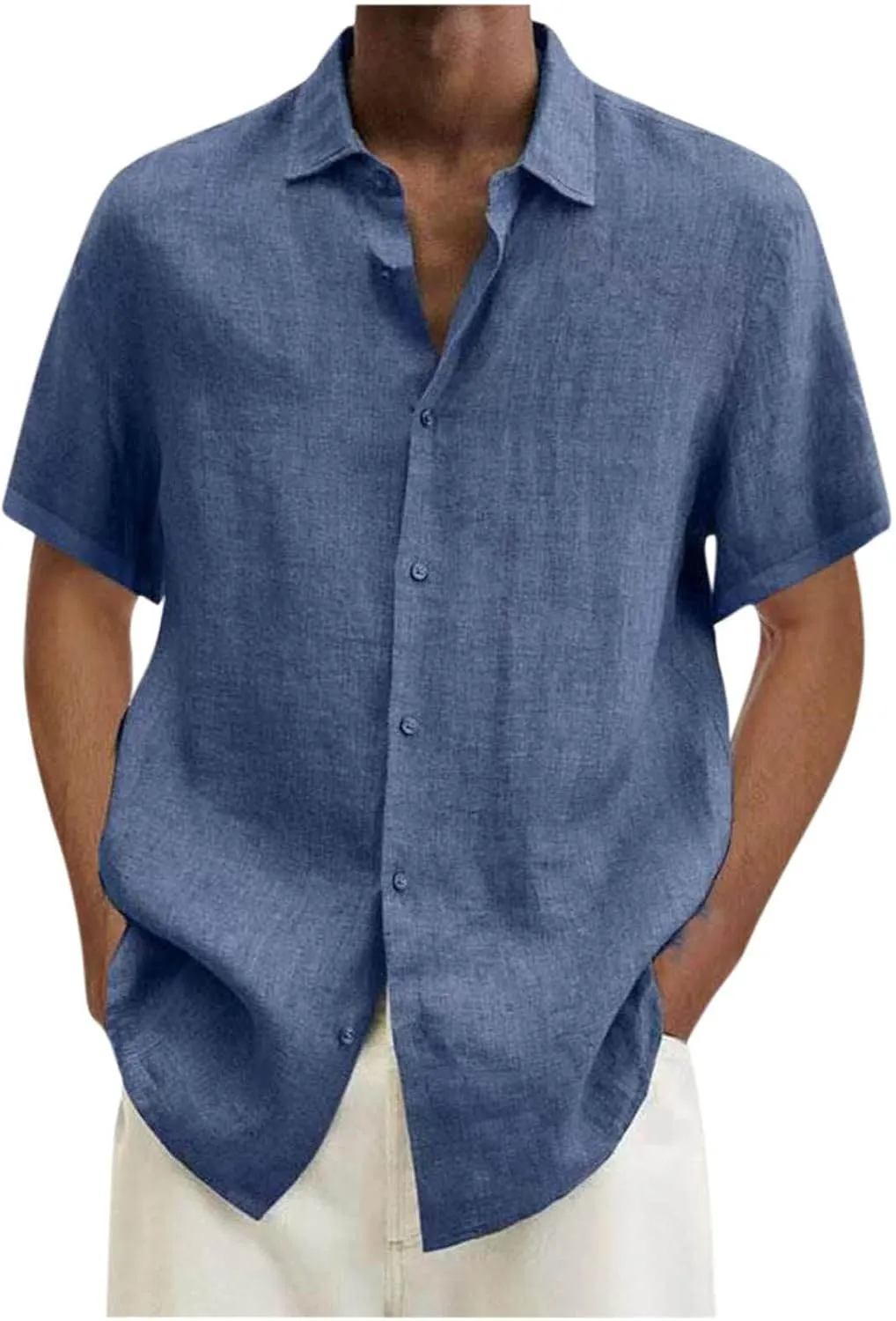 Mens Shirts Casual Stylish Summer Button Up Short Sleeve Cotton Linen Shirt Regular-Fit Solid Vacation Beach Tee Top