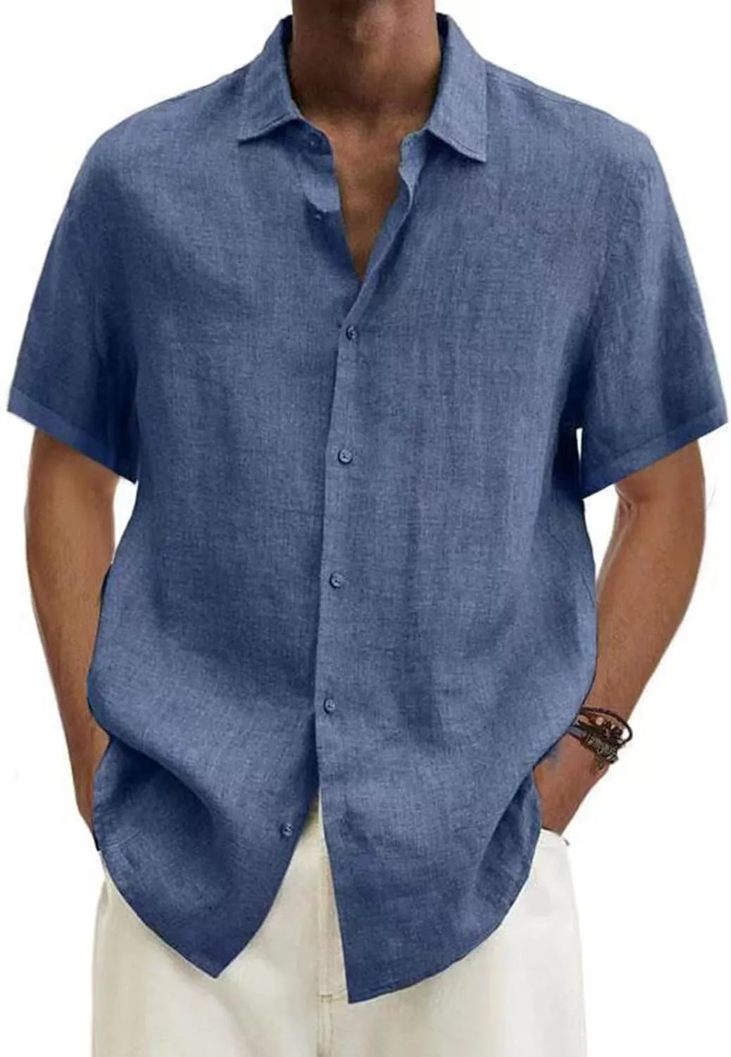 Mens Shirts Casual Stylish Summer Button Up Short Sleeve Cotton Linen Shirt Regular-Fit Solid Vacation Beach Tee Top
