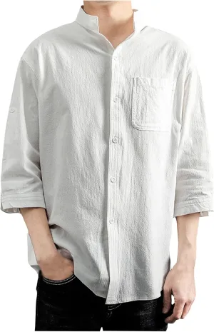 Mens Shirts,3/4 Sleeve Cotton Linen Shirts Japanese Style Casual Stand Collar Button Down T Shirts Pocket Tops