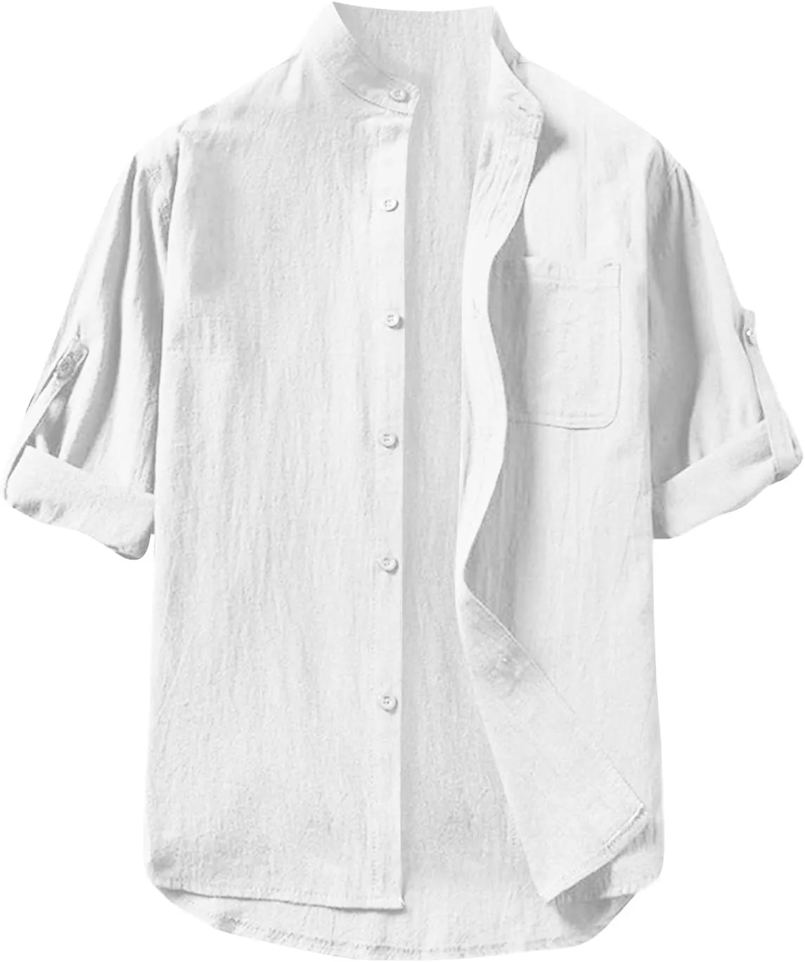 Mens Shirts,3/4 Sleeve Cotton Linen Shirts Japanese Style Casual Stand Collar Button Down T Shirts Pocket Tops