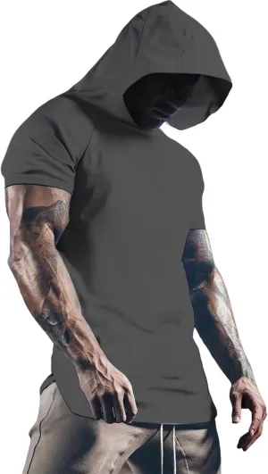 Men's Short Sleeve Hoodie Workout Gym Sweatshirts Athletic Training Sweat Shirts Dry Fit Solid Color Hooded T-Shirt