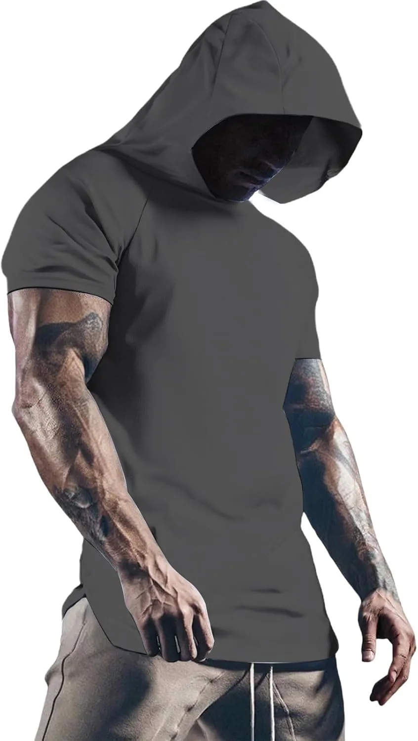 Men's Short Sleeve Hoodie Workout Gym Sweatshirts Athletic Training Sweat Shirts Dry Fit Solid Color Hooded T-Shirt