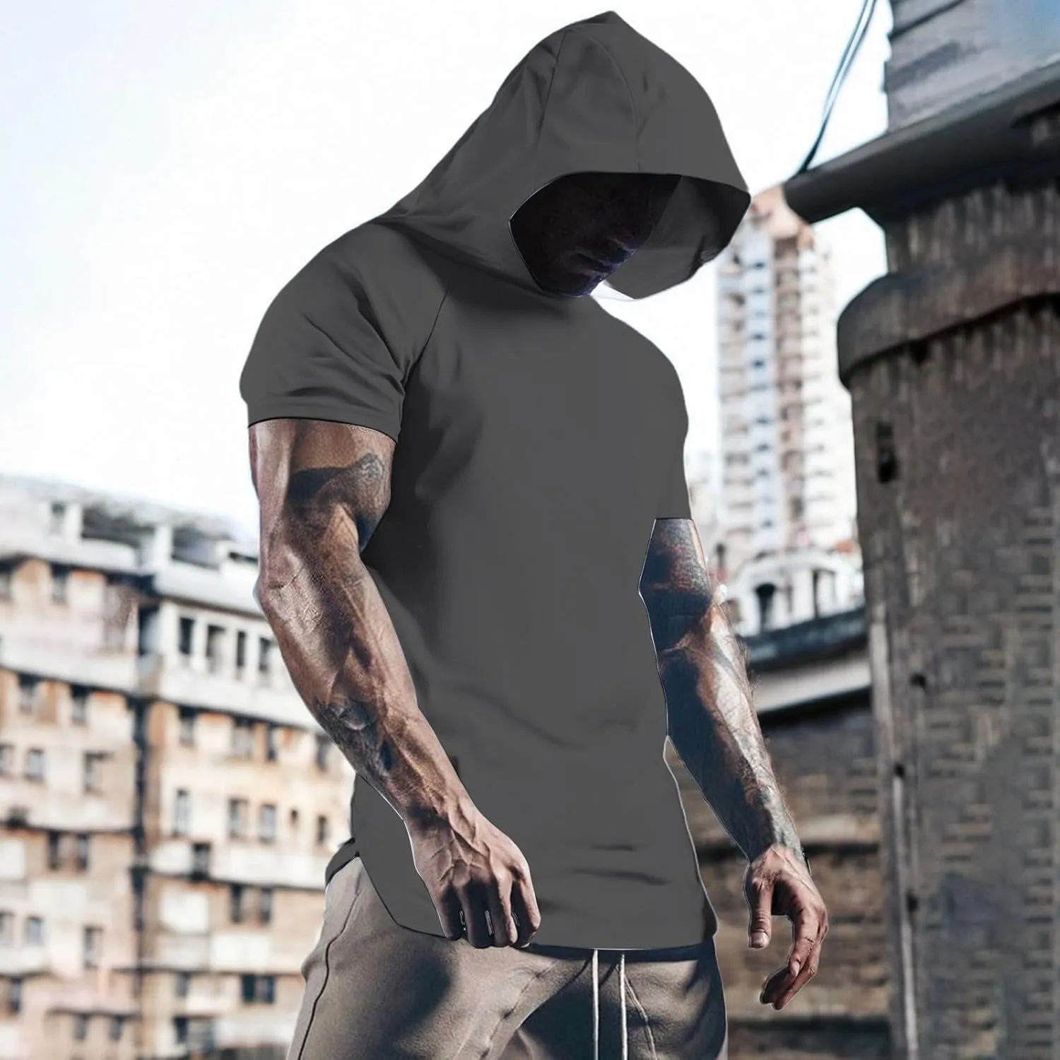 Men's Short Sleeve Hoodie Workout Gym Sweatshirts Athletic Training Sweat Shirts Dry Fit Solid Color Hooded T-Shirt