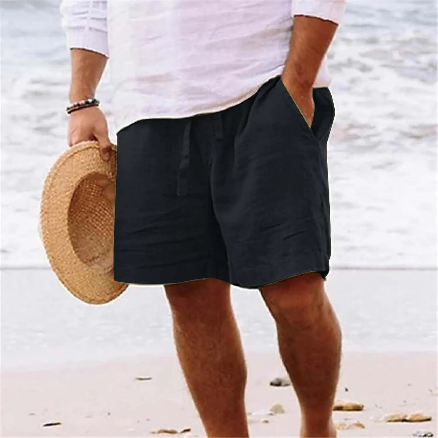 Men's Shorts Casual Men's Sports Shorts Beach Shorts Casual Cotton Linen Shorts Chino Shorts Men Khaki Men Black
