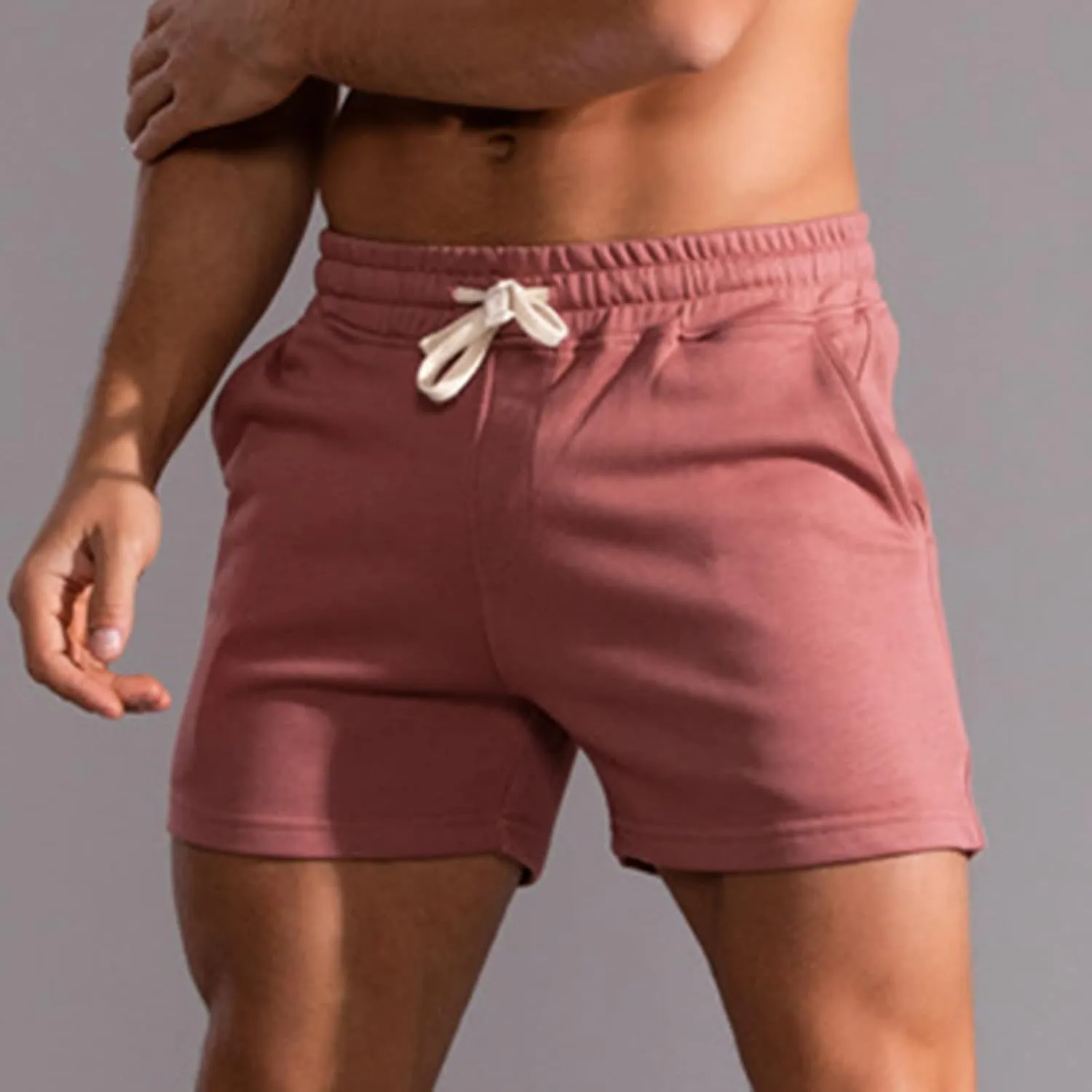 Mens Summer Athletic Sweat Shorts Solid Cotton Three-Point Sports Shorts Elastic Mid-Waist Drawstring Shorts