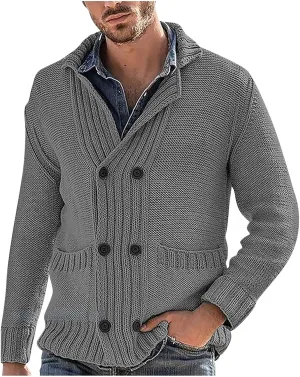Men's Sweater Cardigan Fashion Chunky Knit Double Breasted Coat Long Sleeves Lapel Knitwear Sweater Jacket Tops