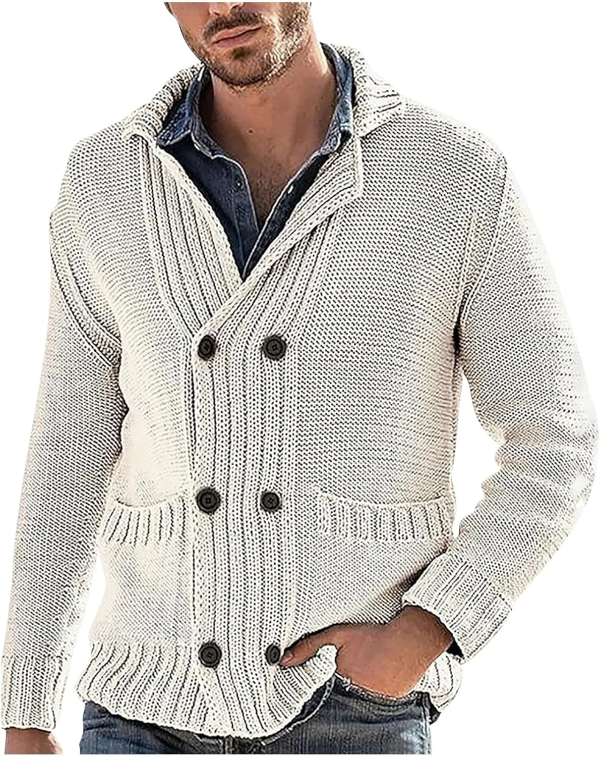 Men's Sweater Cardigan Fashion Chunky Knit Double Breasted Coat Long Sleeves Lapel Knitwear Sweater Jacket Tops
