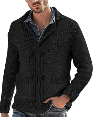 Men's Sweater Cardigan Fashion Chunky Knit Double Breasted Coat Long Sleeves Lapel Knitwear Sweater Jacket Tops