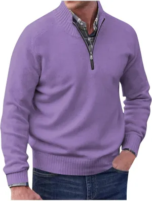 Mens Sweater Fashion Knitted Pullover Tops Oversized Solid Color Long Sleeve Turtleneck Quarter Zip Pullover Sweaters Soft Workout Outfits Gifts for Him(Purple,L2)