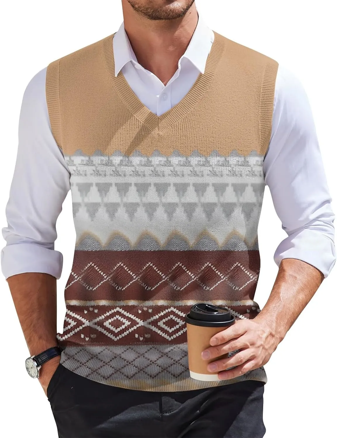 Men's Sweater Vest Wool Blend V-Neck Button Sleeveless Cardigan Vest Sweater Slim Fit Tops