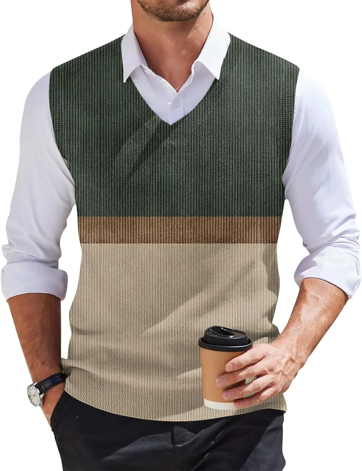 Men's Sweater Vest Wool Blend V-Neck Button Sleeveless Cardigan Vest Sweater Slim Fit Tops
