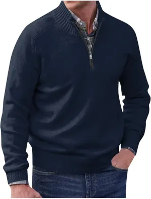 Men's Sweaters Casual Knitted Pullover Sweaters Oversized Solid Color Long Sleeve Turtleneck Quarter Zip Pullover Sweaters Baggy Christmas Clothes Dad Gifts(Dark Blue,L2)