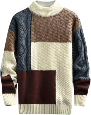 Mens Sweaters Vintage Male Fall and Winter Casual Patchwork Color Sweater Retro Mens Pullover Sweaters Long Sleeve